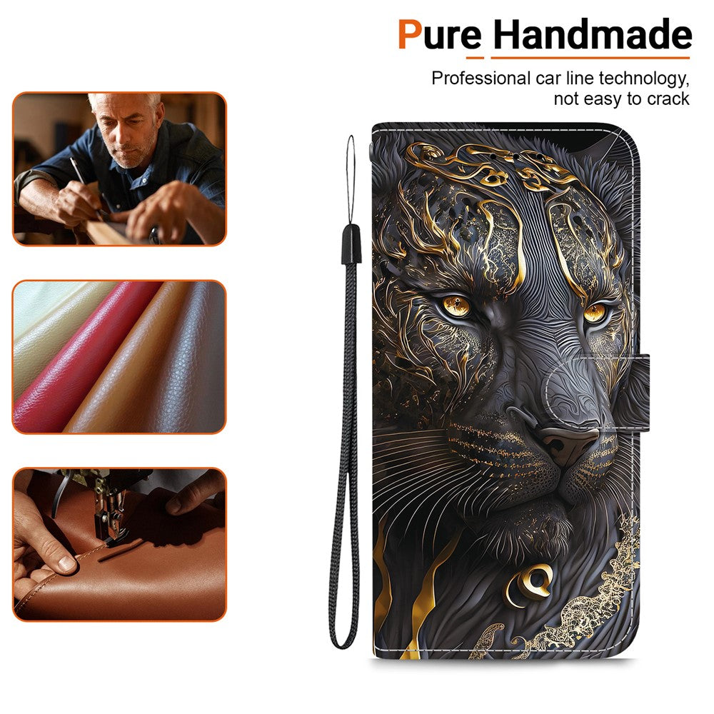For iPhone 17 Pro Max Leather Case Stand Wallet Pattern Printing Phone Cover with Wrist Strap - Black Gold Lion