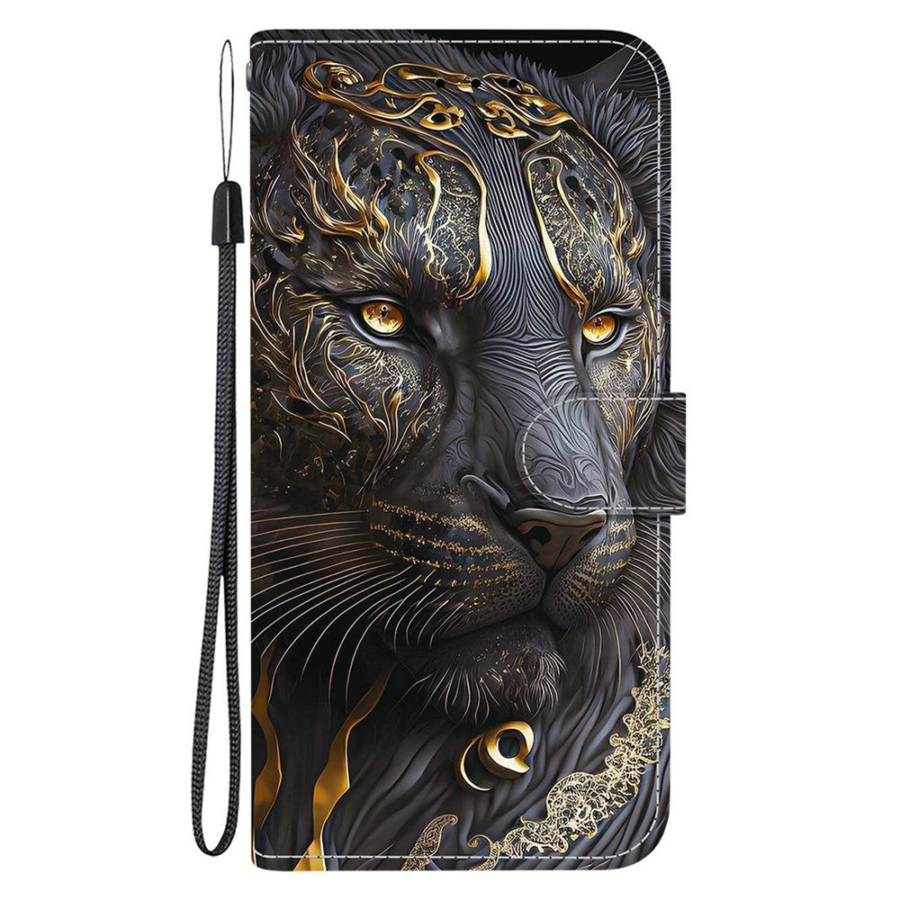 For iPhone 17 Pro Max Leather Case Stand Wallet Pattern Printing Phone Cover with Wrist Strap - Black Gold Lion