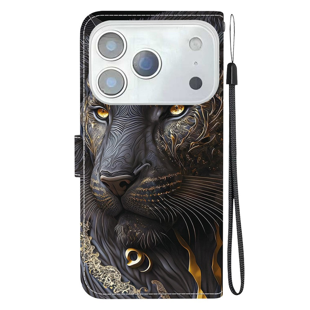 For iPhone 17 Pro Max Leather Case Stand Wallet Pattern Printing Phone Cover with Wrist Strap - Black Gold Lion