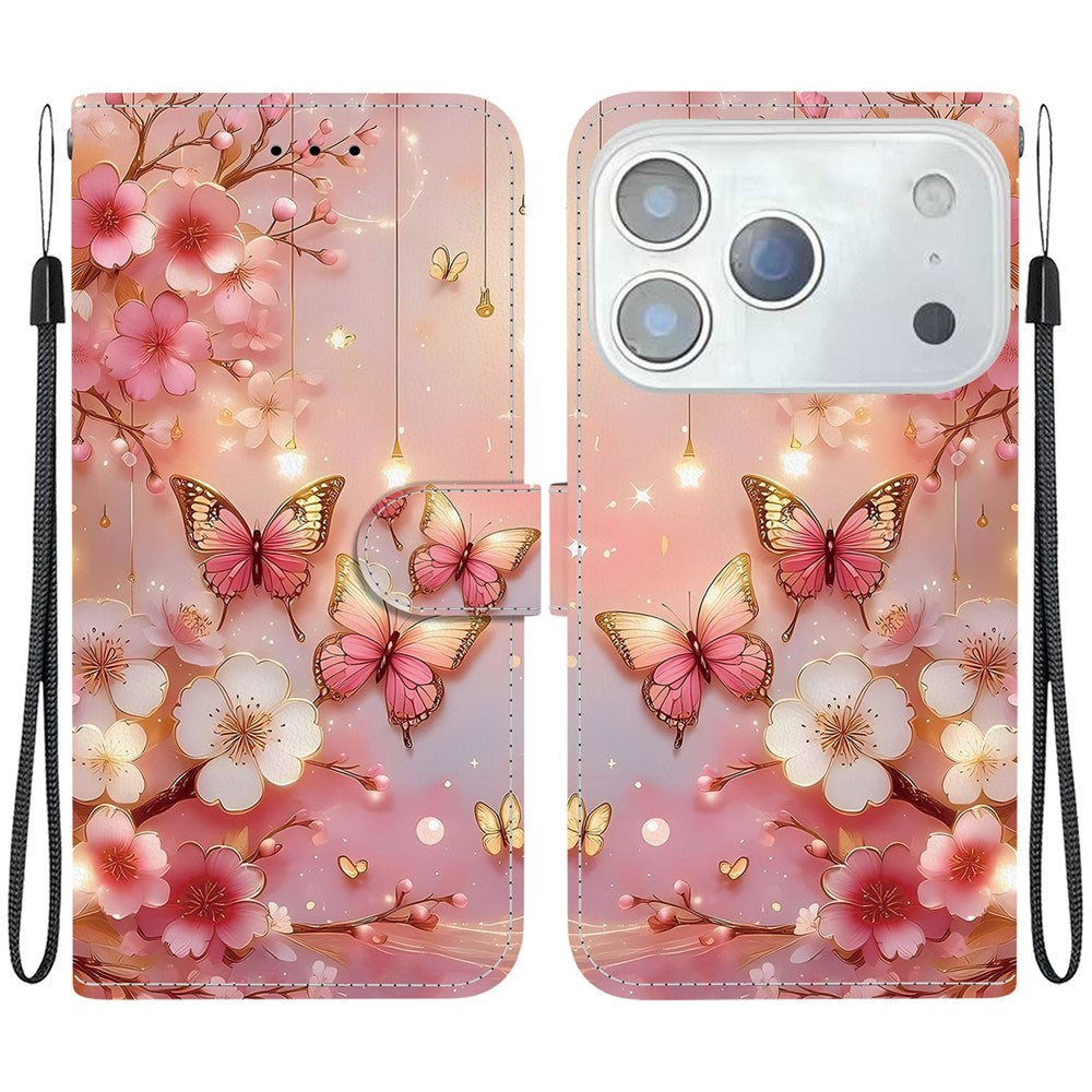 For iPhone 17 Pro Max Leather Case Stand Wallet Pattern Printing Phone Cover with Wrist Strap - Lantern Butterfly