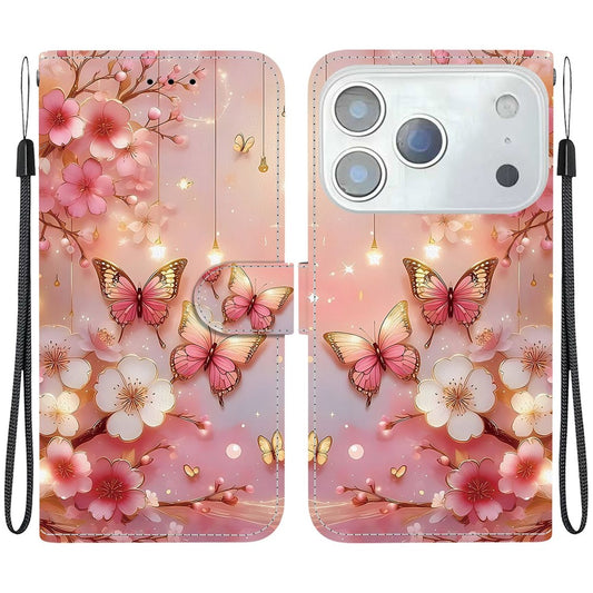 For iPhone 17 Pro Max Leather Case Stand Wallet Pattern Printing Phone Cover with Wrist Strap - Lantern Butterfly