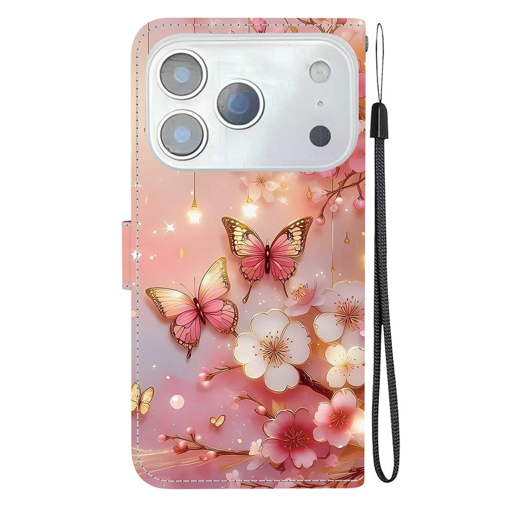 For iPhone 17 Pro Max Leather Case Stand Wallet Pattern Printing Phone Cover with Wrist Strap - Lantern Butterfly