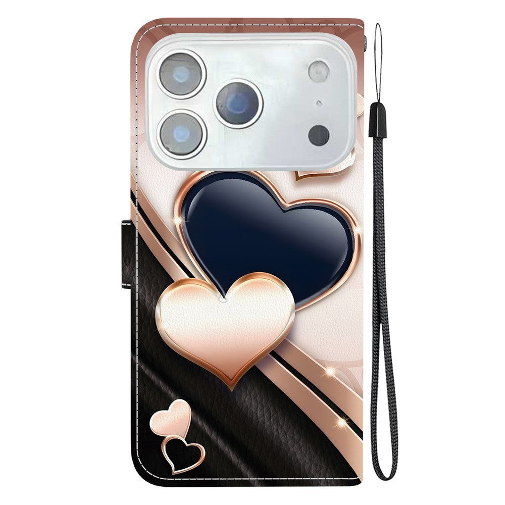 For iPhone 17 Pro Max Leather Case Stand Wallet Pattern Printing Phone Cover with Wrist Strap - Love