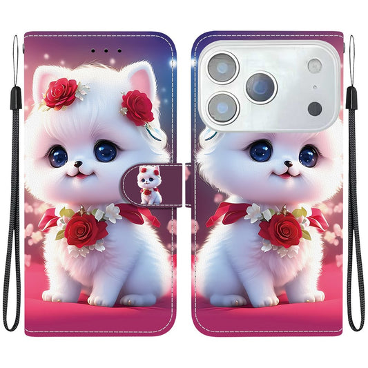 For iPhone 17 Pro Max Leather Case Stand Wallet Pattern Printing Phone Cover with Wrist Strap - Rose Cat