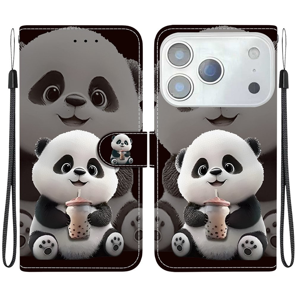 For iPhone 17 Pro Max Leather Case Stand Wallet Pattern Printing Phone Cover with Wrist Strap - Milk Tea Panda