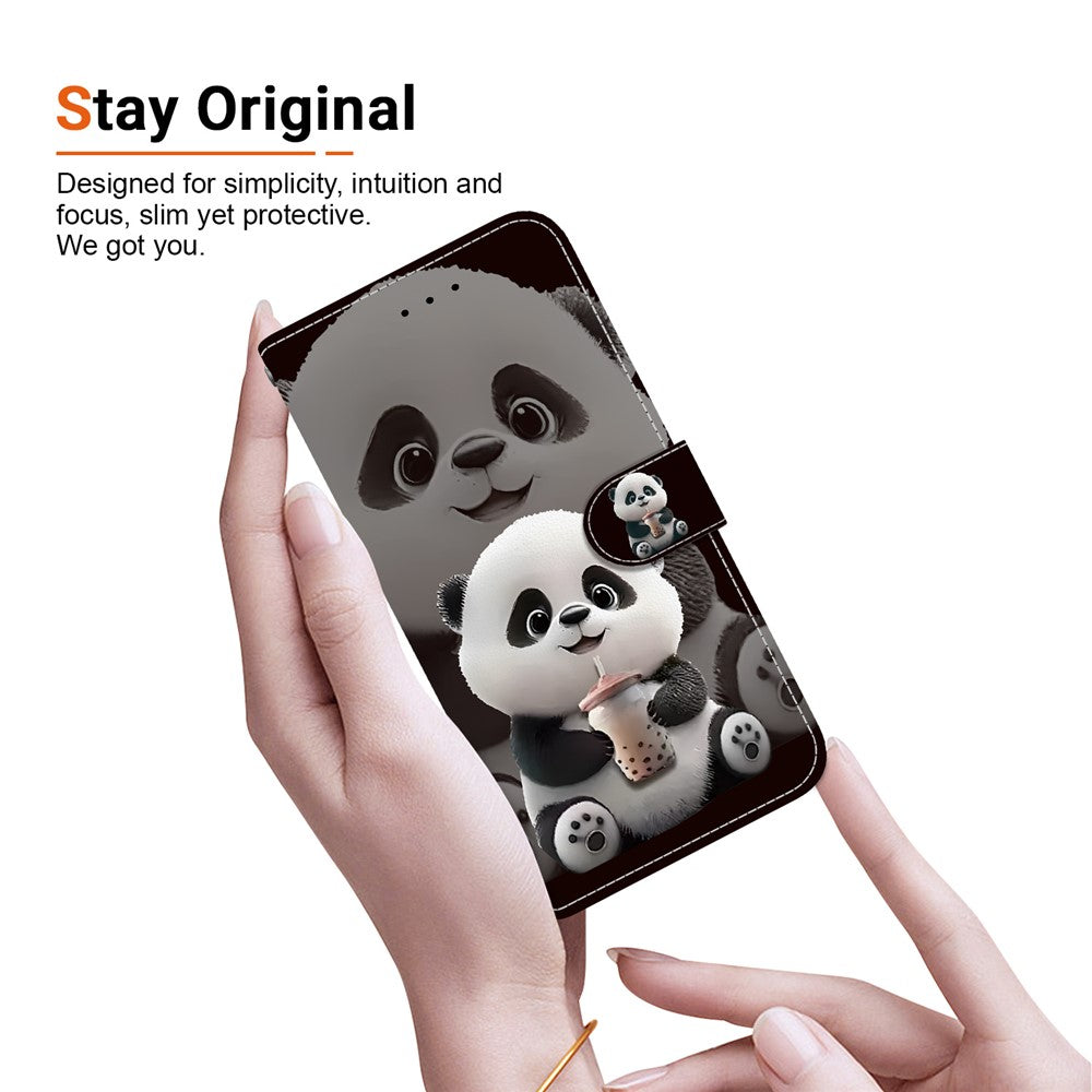 For iPhone 17 Pro Max Leather Case Stand Wallet Pattern Printing Phone Cover with Wrist Strap - Milk Tea Panda