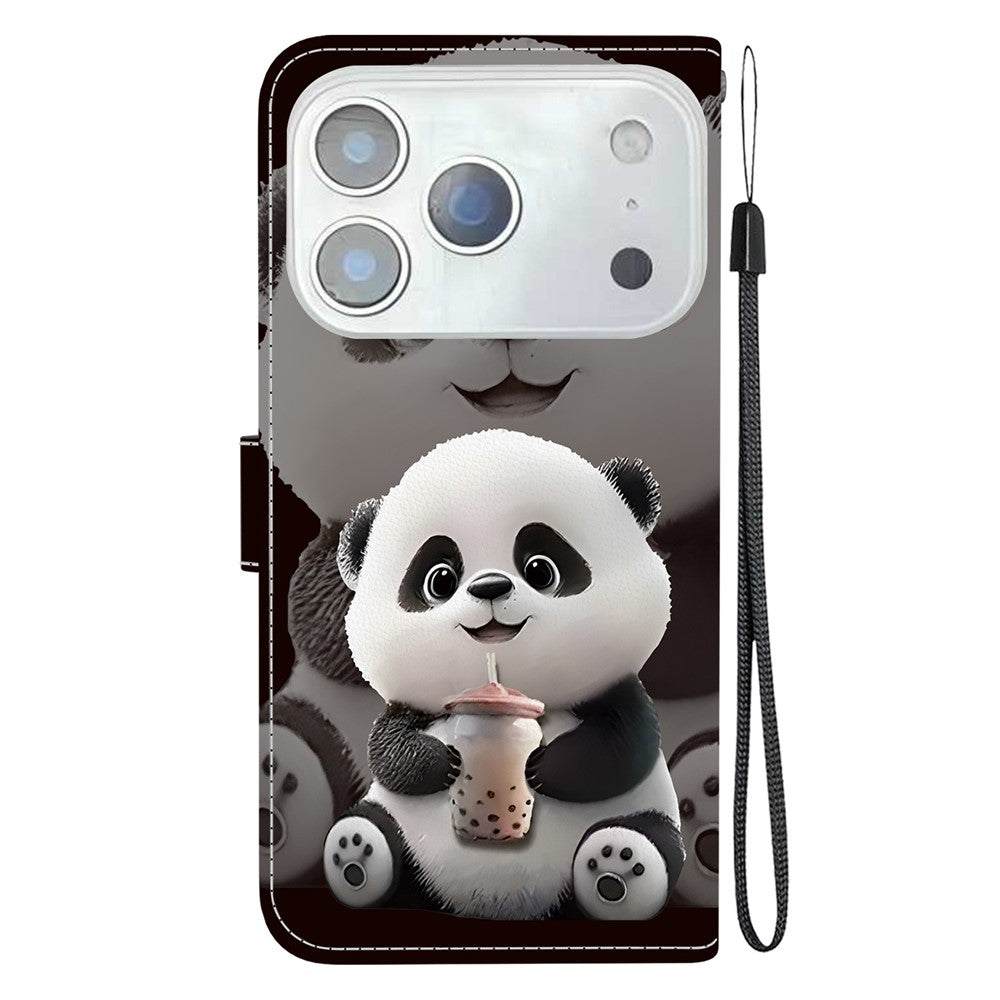 For iPhone 17 Pro Max Leather Case Stand Wallet Pattern Printing Phone Cover with Wrist Strap - Milk Tea Panda