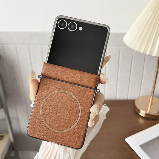 For Samsung Galaxy Z Flip7 5G Phone Case Compatible with MagSafe Leather + PC Protective Cover - Brown