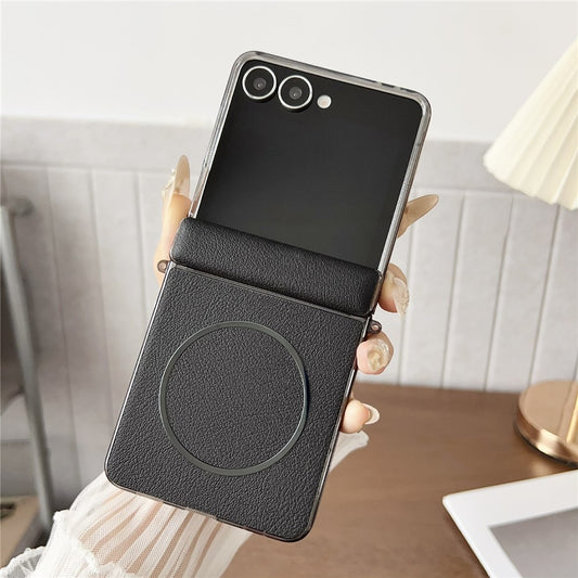 For Samsung Galaxy Z Flip7 5G Phone Case Compatible with MagSafe Leather + PC Protective Cover - Black