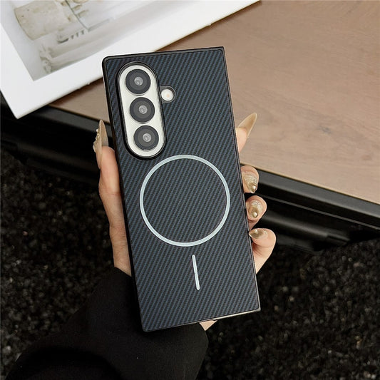 For Samsung Galaxy Z Fold7 5G Case Compatible with MagSafe Carbon Fiber Texture Folding Phone Cover - Blue