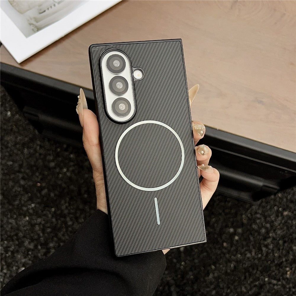 For Samsung Galaxy Z Fold7 5G Case Compatible with MagSafe Carbon Fiber Texture Folding Phone Cover - Black