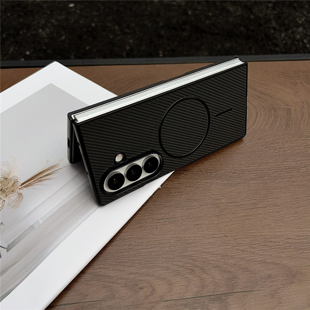 For Samsung Galaxy Z Fold7 5G Case Compatible with MagSafe Carbon Fiber Texture Folding Phone Cover - Black