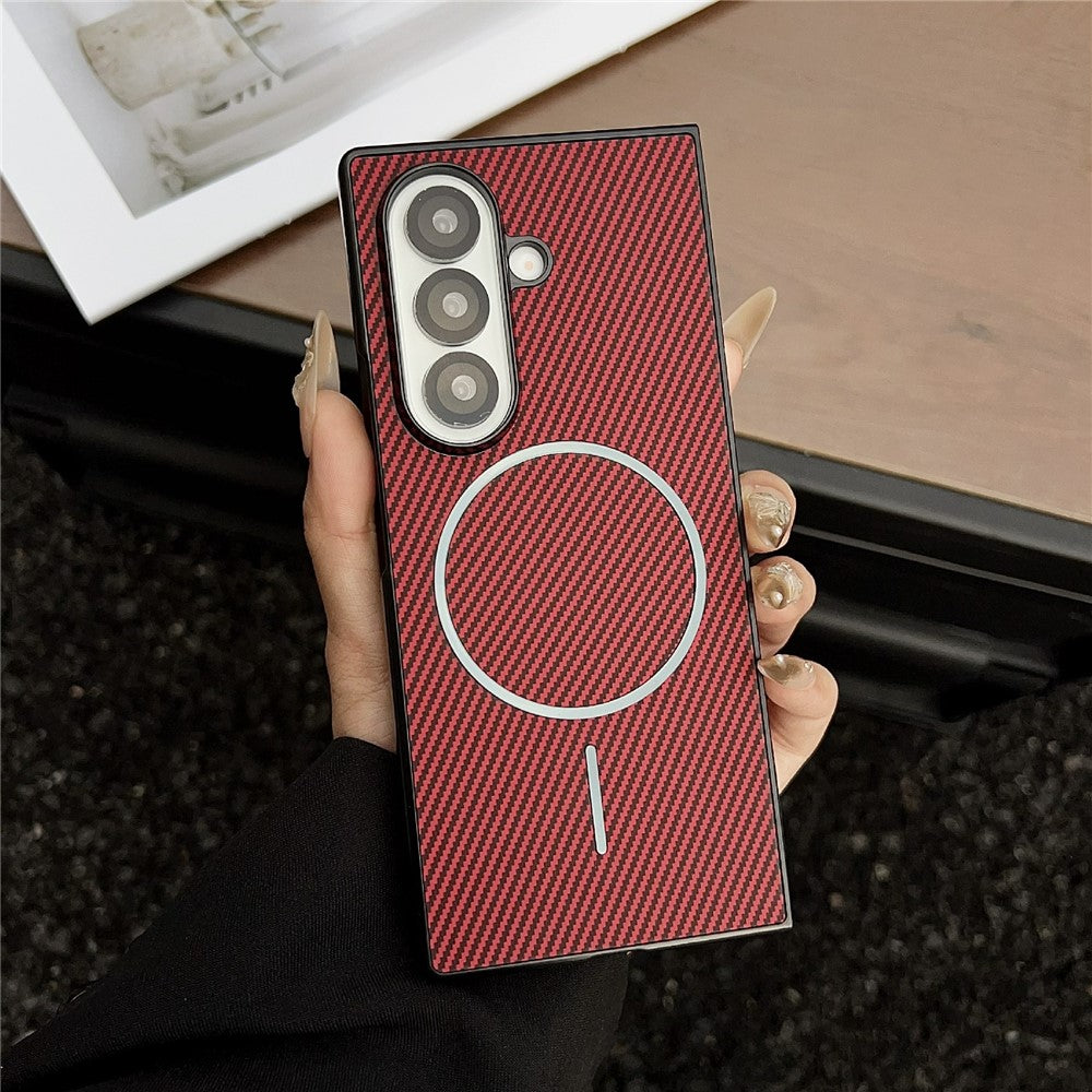 For Samsung Galaxy Z Fold7 5G Case Compatible with MagSafe Carbon Fiber Texture Folding Phone Cover - Red