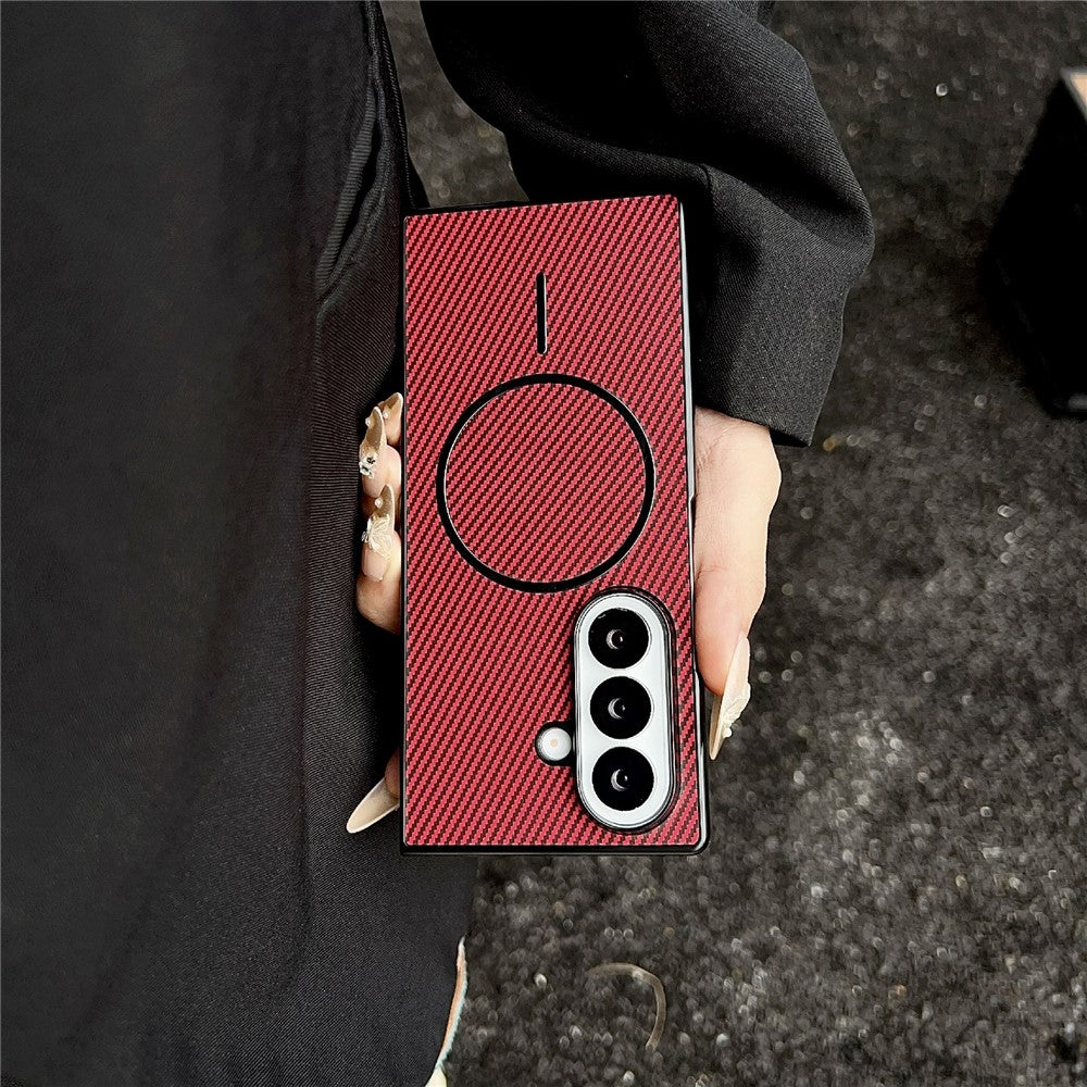 For Samsung Galaxy Z Fold7 5G Case Compatible with MagSafe Carbon Fiber Texture Folding Phone Cover - Red