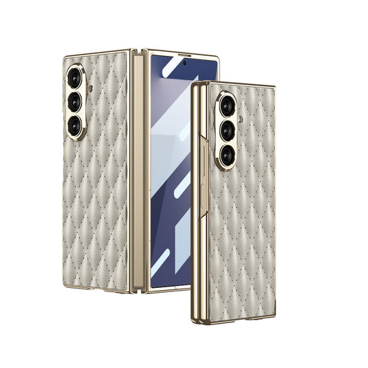 GKK For Samsung Galaxy Z Fold7 5G Case with Glass Film Rhomboid Design Electroplating PC + PU Phone Back Cover - Titanium Grey