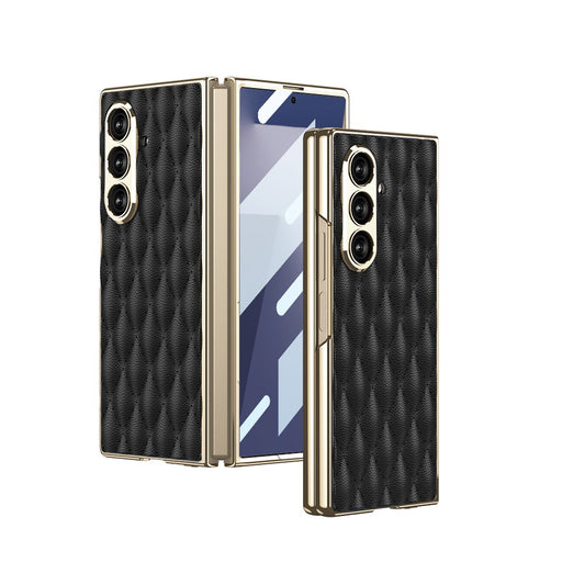 GKK For Samsung Galaxy Z Fold7 5G Case with Glass Film Rhomboid Design Electroplating PC + PU Phone Back Cover - Black