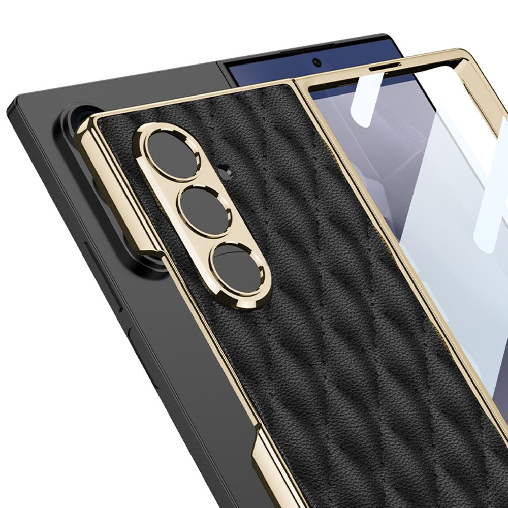 GKK For Samsung Galaxy Z Fold7 5G Case with Glass Film Rhomboid Design Electroplating PC + PU Phone Back Cover - Black