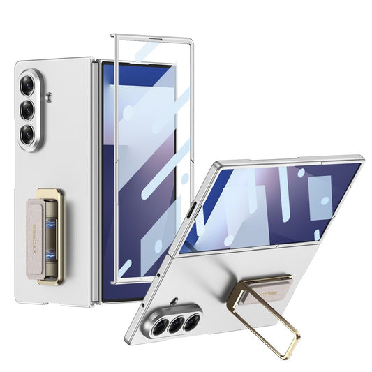 GKK For Samsung Galaxy Z Fold7 5G Case with Kickstand / Magnetic Strap PC Tempered Glass Phone Cover - Silver