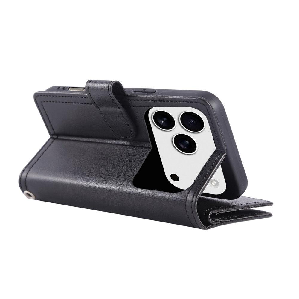 For iPhone 17 Pro Max Case Split Leather Magnetic Wallet Phone Protector with Wrist Strap - Black