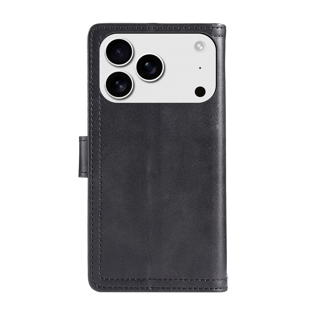 For iPhone 17 Pro Max Case Split Leather Magnetic Wallet Phone Protector with Wrist Strap - Black