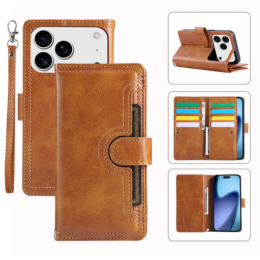 For iPhone 17 Pro Max Case Split Leather Magnetic Wallet Phone Protector with Wrist Strap - Brown