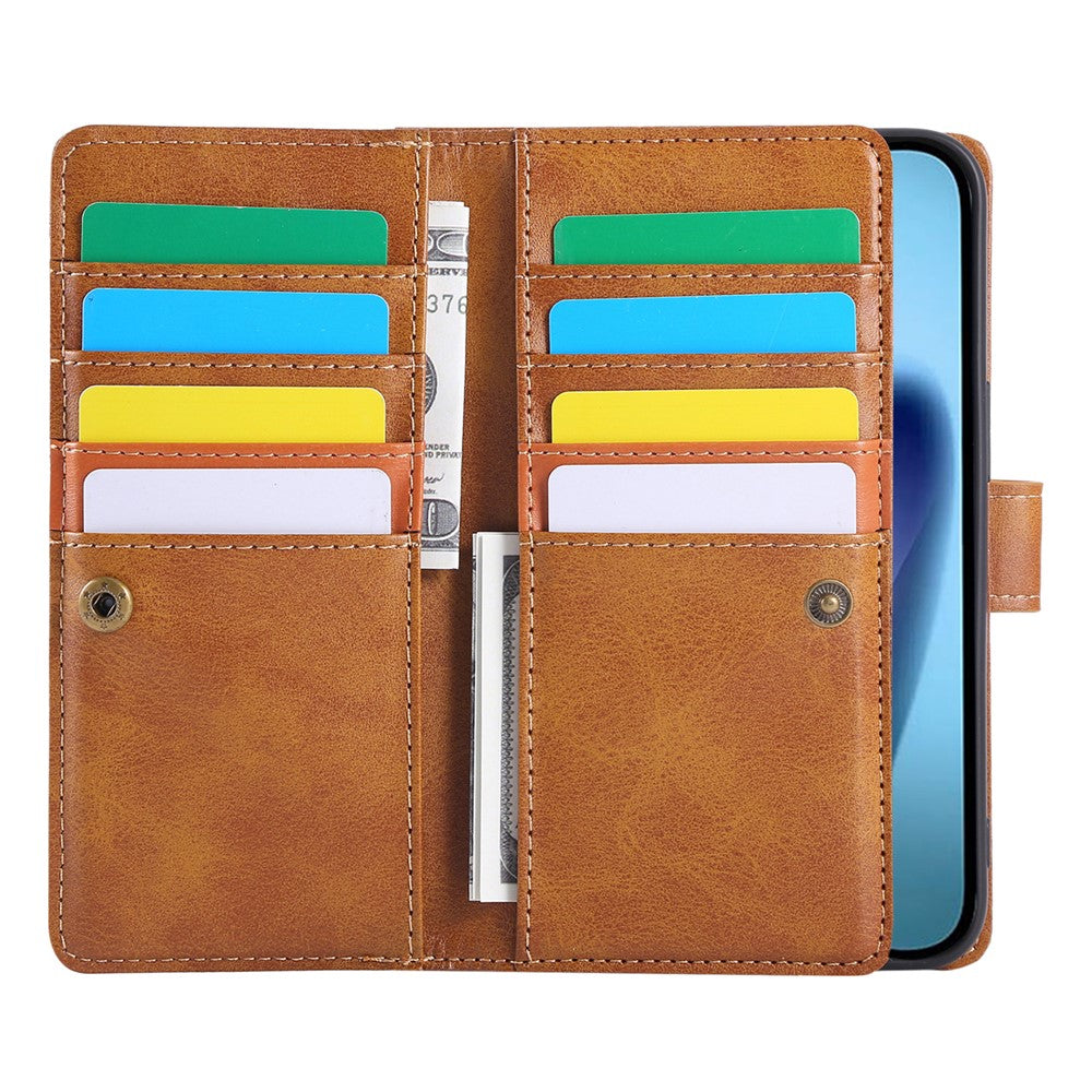 For iPhone 17 Pro Max Case Split Leather Magnetic Wallet Phone Protector with Wrist Strap - Brown