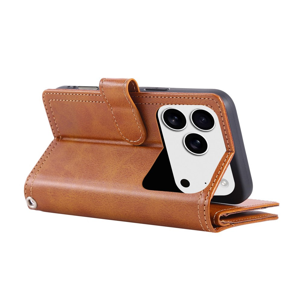 For iPhone 17 Pro Max Case Split Leather Magnetic Wallet Phone Protector with Wrist Strap - Brown