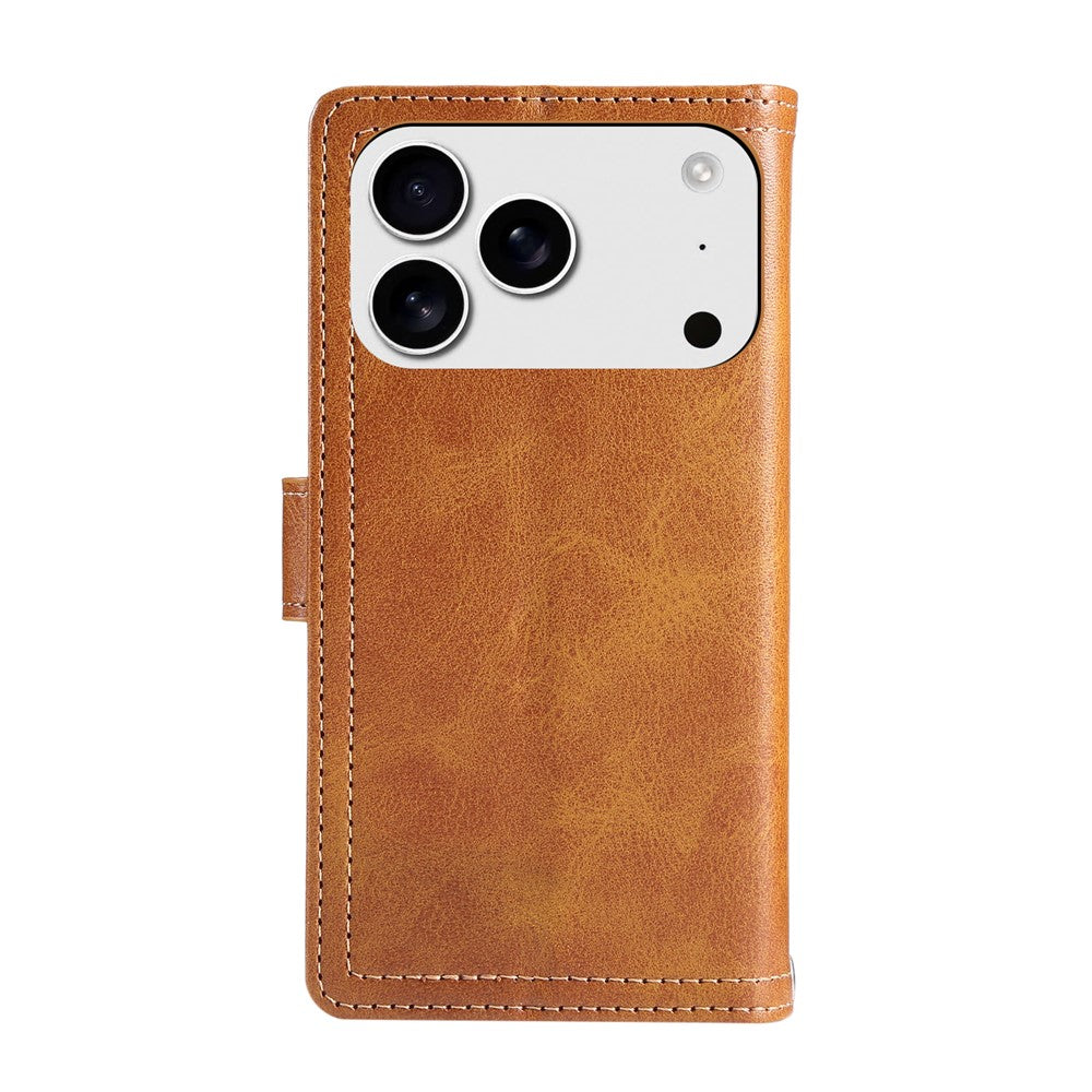For iPhone 17 Pro Max Case Split Leather Magnetic Wallet Phone Protector with Wrist Strap - Brown