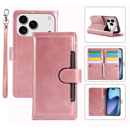 For iPhone 17 Pro Max Case Split Leather Magnetic Wallet Phone Protector with Wrist Strap - Rose Gold