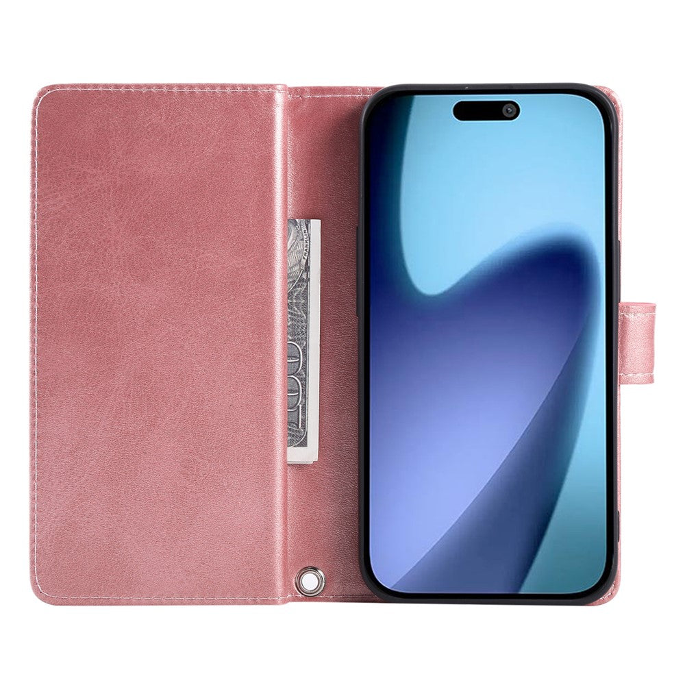 For iPhone 17 Pro Max Case Split Leather Magnetic Wallet Phone Protector with Wrist Strap - Rose Gold