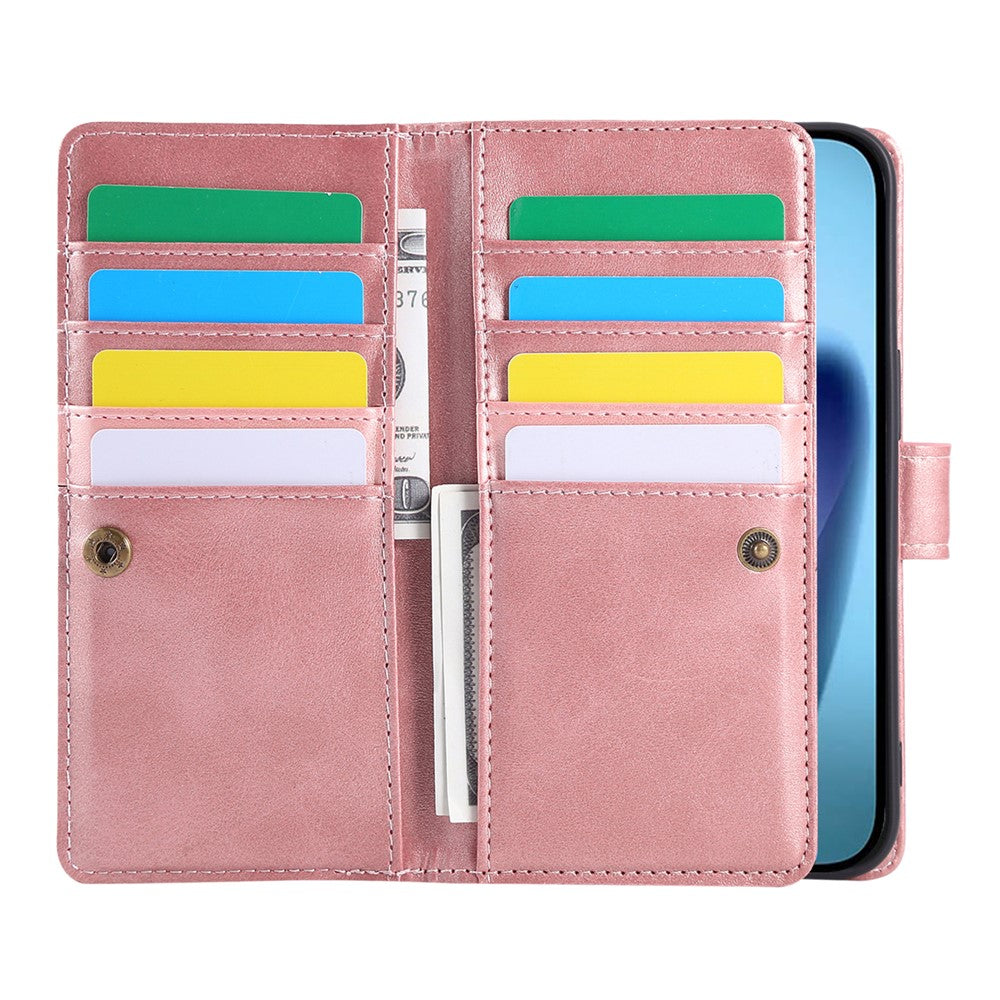 For iPhone 17 Pro Max Case Split Leather Magnetic Wallet Phone Protector with Wrist Strap - Rose Gold