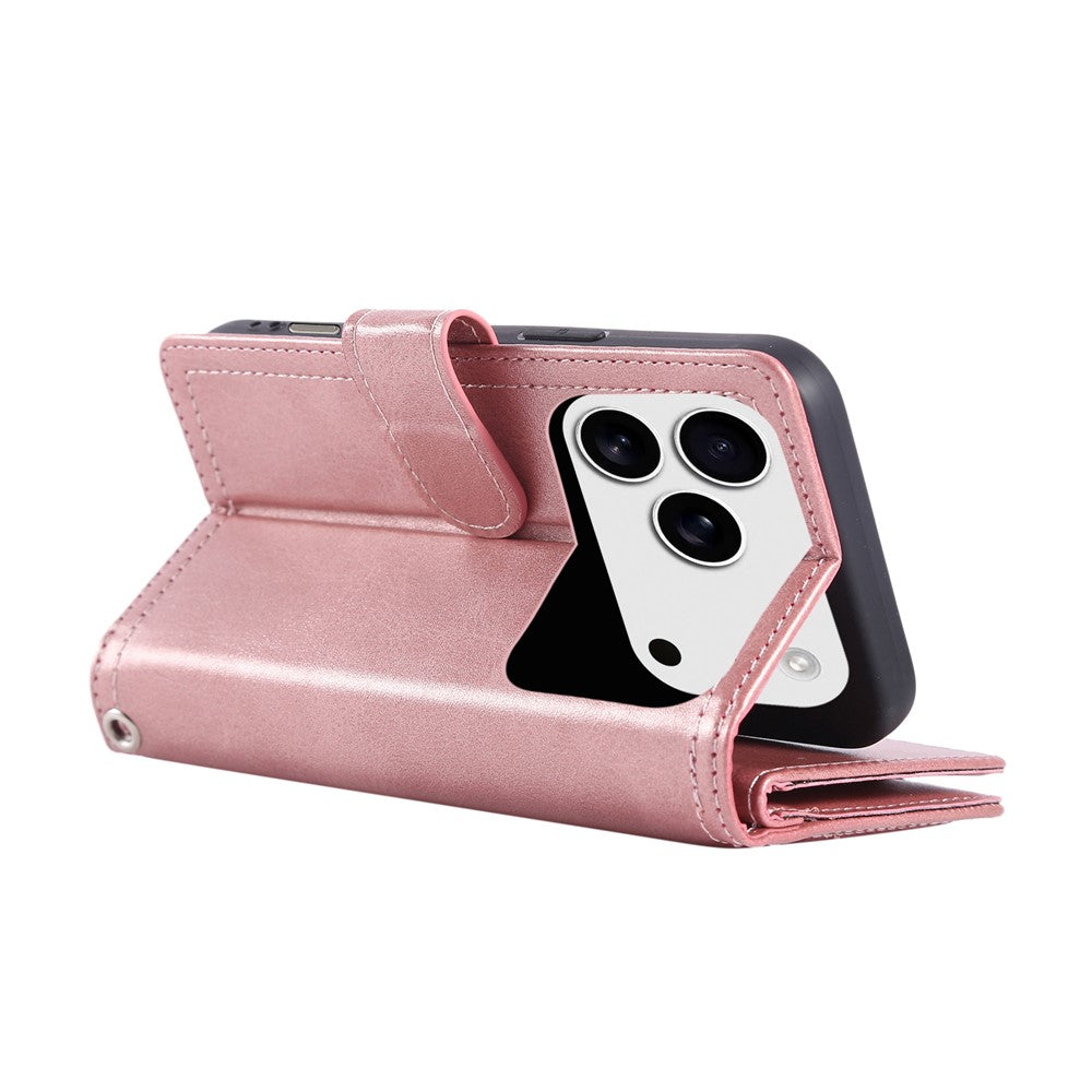 For iPhone 17 Pro Max Case Split Leather Magnetic Wallet Phone Protector with Wrist Strap - Rose Gold