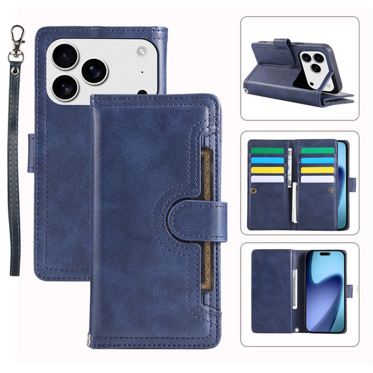 For iPhone 17 Pro Max Case Split Leather Magnetic Wallet Phone Protector with Wrist Strap - Blue