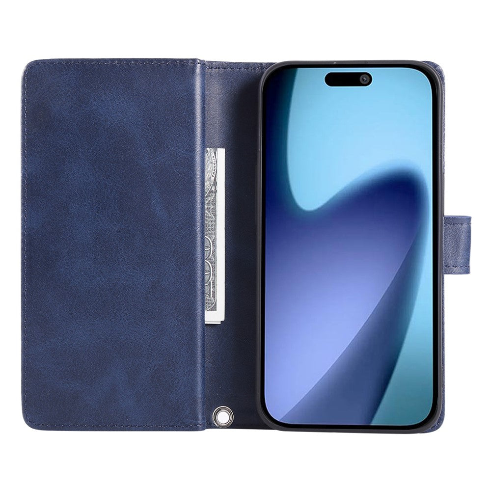 For iPhone 17 Pro Max Case Split Leather Magnetic Wallet Phone Protector with Wrist Strap - Blue