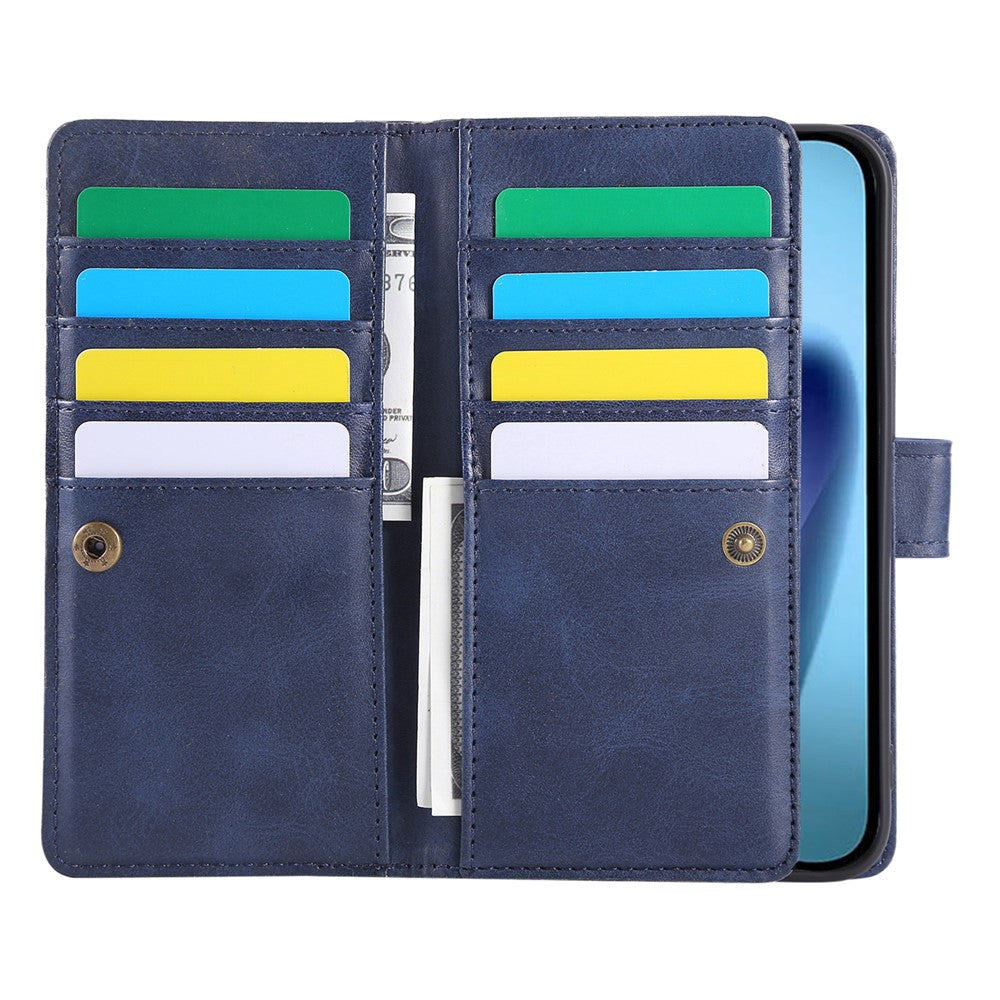 For iPhone 17 Pro Max Case Split Leather Magnetic Wallet Phone Protector with Wrist Strap - Blue