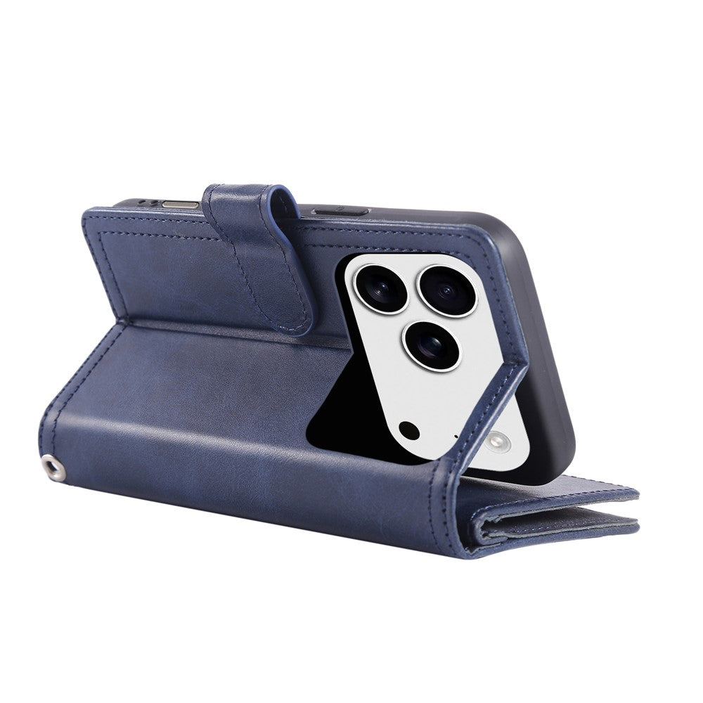 For iPhone 17 Pro Max Case Split Leather Magnetic Wallet Phone Protector with Wrist Strap - Blue