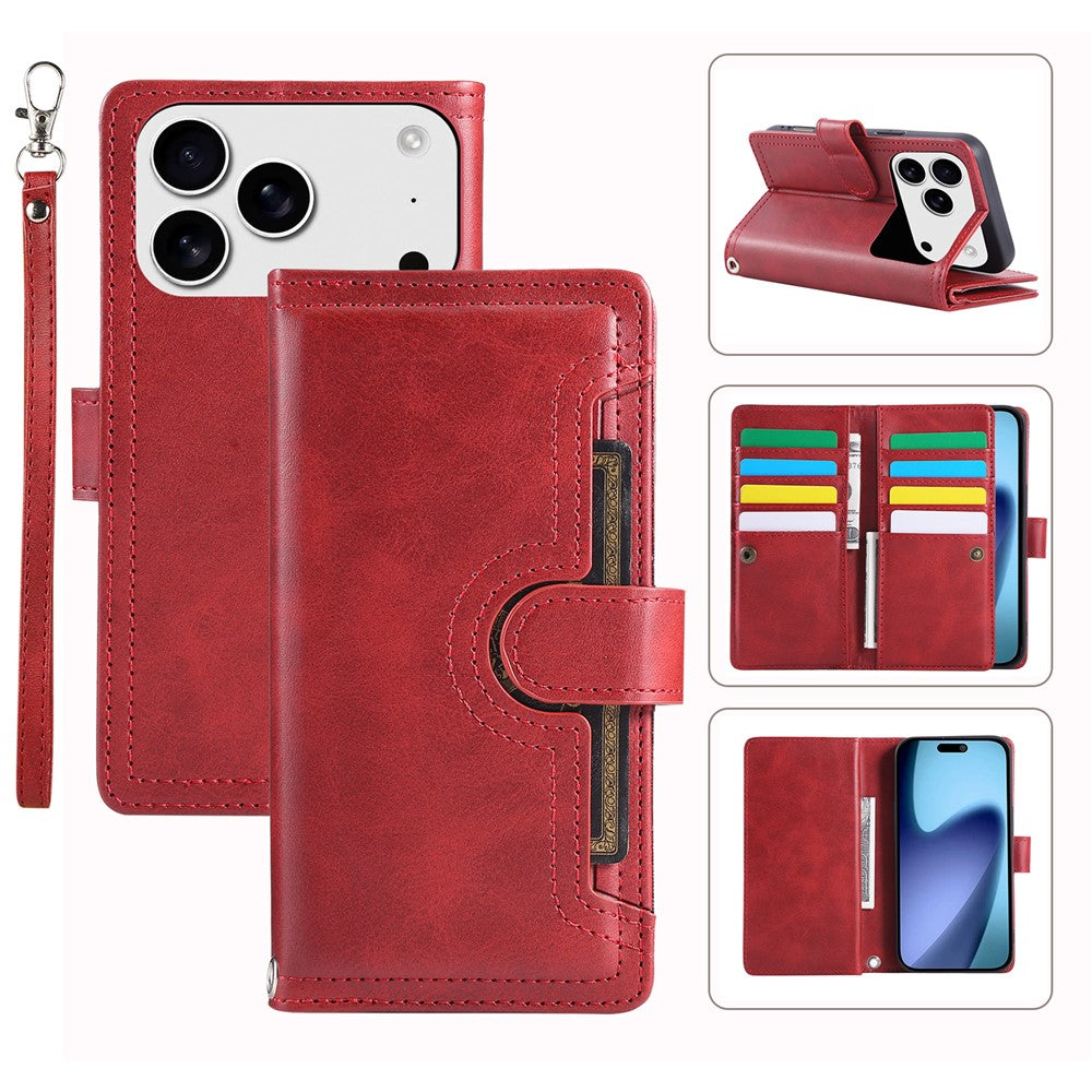 For iPhone 17 Pro Max Case Split Leather Magnetic Wallet Phone Protector with Wrist Strap - Red