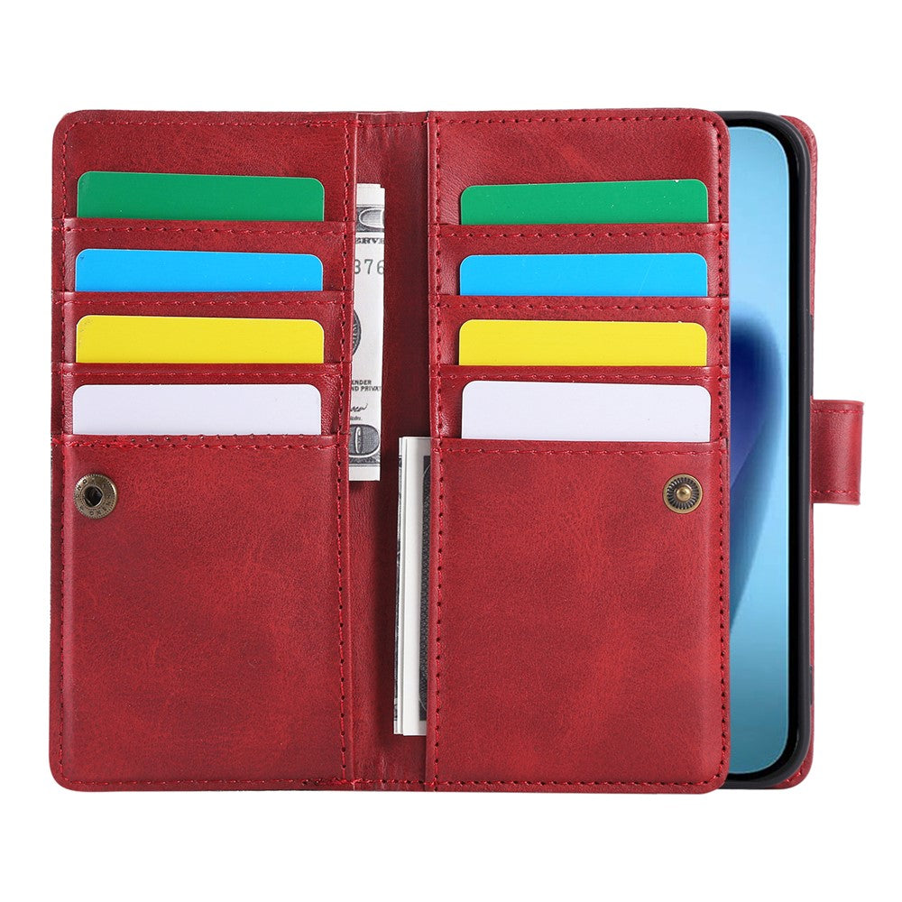 For iPhone 17 Pro Max Case Split Leather Magnetic Wallet Phone Protector with Wrist Strap - Red