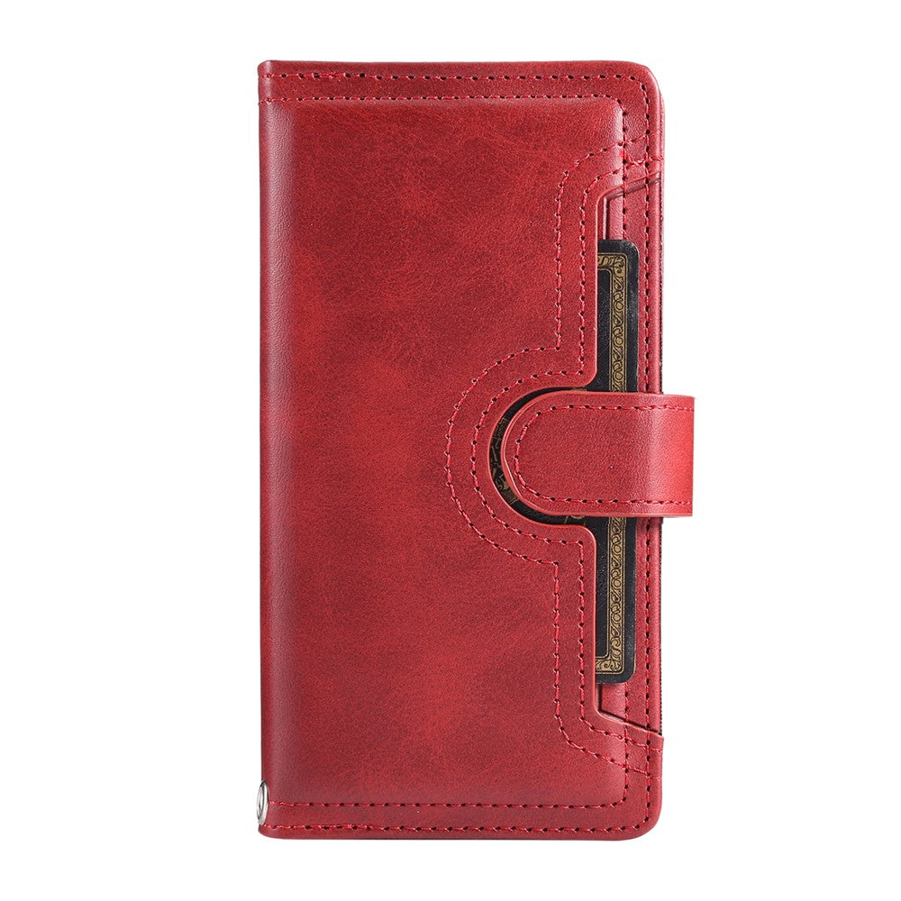 For iPhone 17 Pro Max Case Split Leather Magnetic Wallet Phone Protector with Wrist Strap - Red