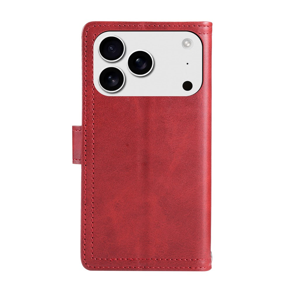 For iPhone 17 Pro Max Case Split Leather Magnetic Wallet Phone Protector with Wrist Strap - Red