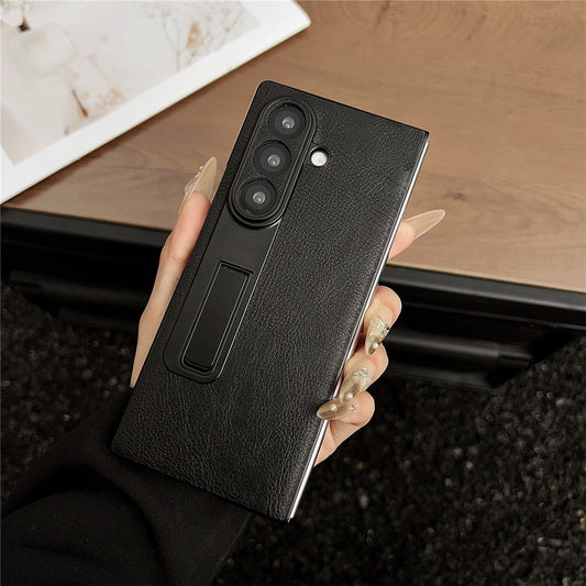 For Samsung Galaxy Z Fold7 5G Case Kickstand Crazy Horse Texture PU Leather + PC Phone Cover - Black