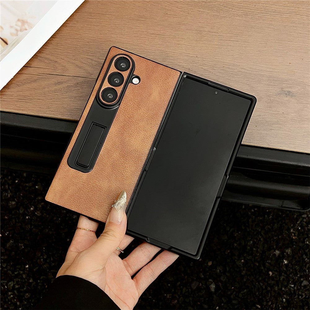 For Samsung Galaxy Z Fold7 5G Case Kickstand Crazy Horse Texture PU Leather + PC Phone Cover - Black