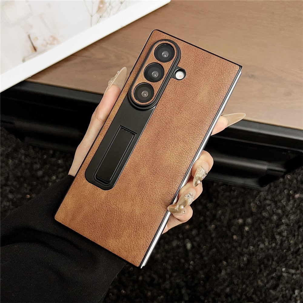 For Samsung Galaxy Z Fold7 5G Case Kickstand Crazy Horse Texture PU Leather + PC Phone Cover - Brown