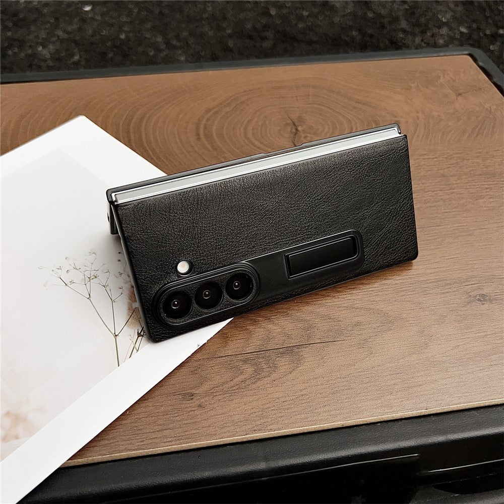 For Samsung Galaxy Z Fold7 5G Case Kickstand Crazy Horse Texture PU Leather + PC Phone Cover - Brown