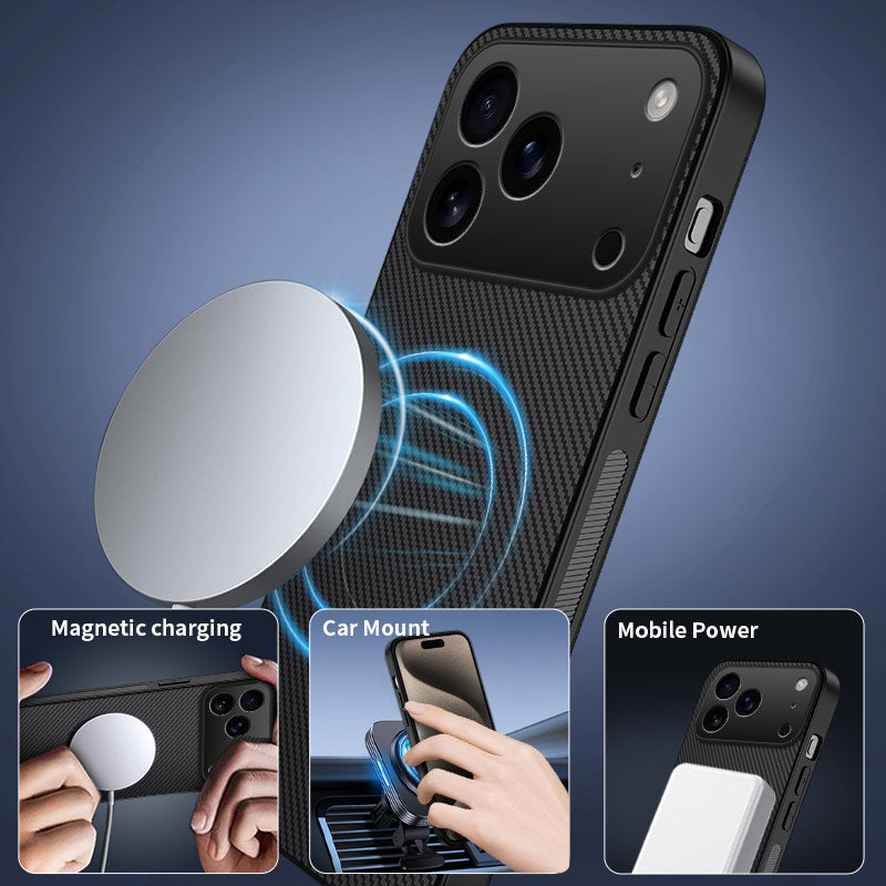 For iPhone 17 Pro Max Magnetic Case WANLONFENG TQ1 Series Carbon Fiber Texture PC TPU Phone Cover with 2Pcs Screen Films - Black