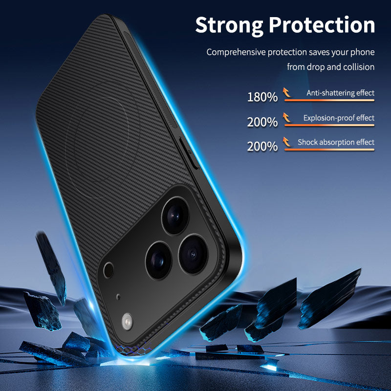 For iPhone 17 Pro Max Magnetic Case WANLONFENG TQ1 Series Carbon Fiber Texture PC TPU Phone Cover with 2Pcs Screen Films - Grey