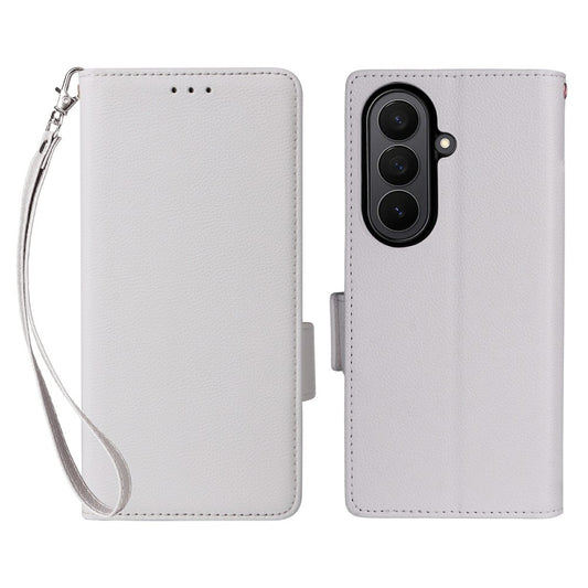 For Samsung Galaxy Z Fold7 5G Case with Wrist Strap Litchi Texture PU Leather Wallet Phone Cover - White
