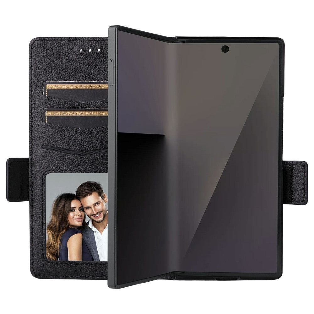 For Samsung Galaxy Z Fold7 5G Case with Wrist Strap Litchi Texture PU Leather Wallet Phone Cover - Black