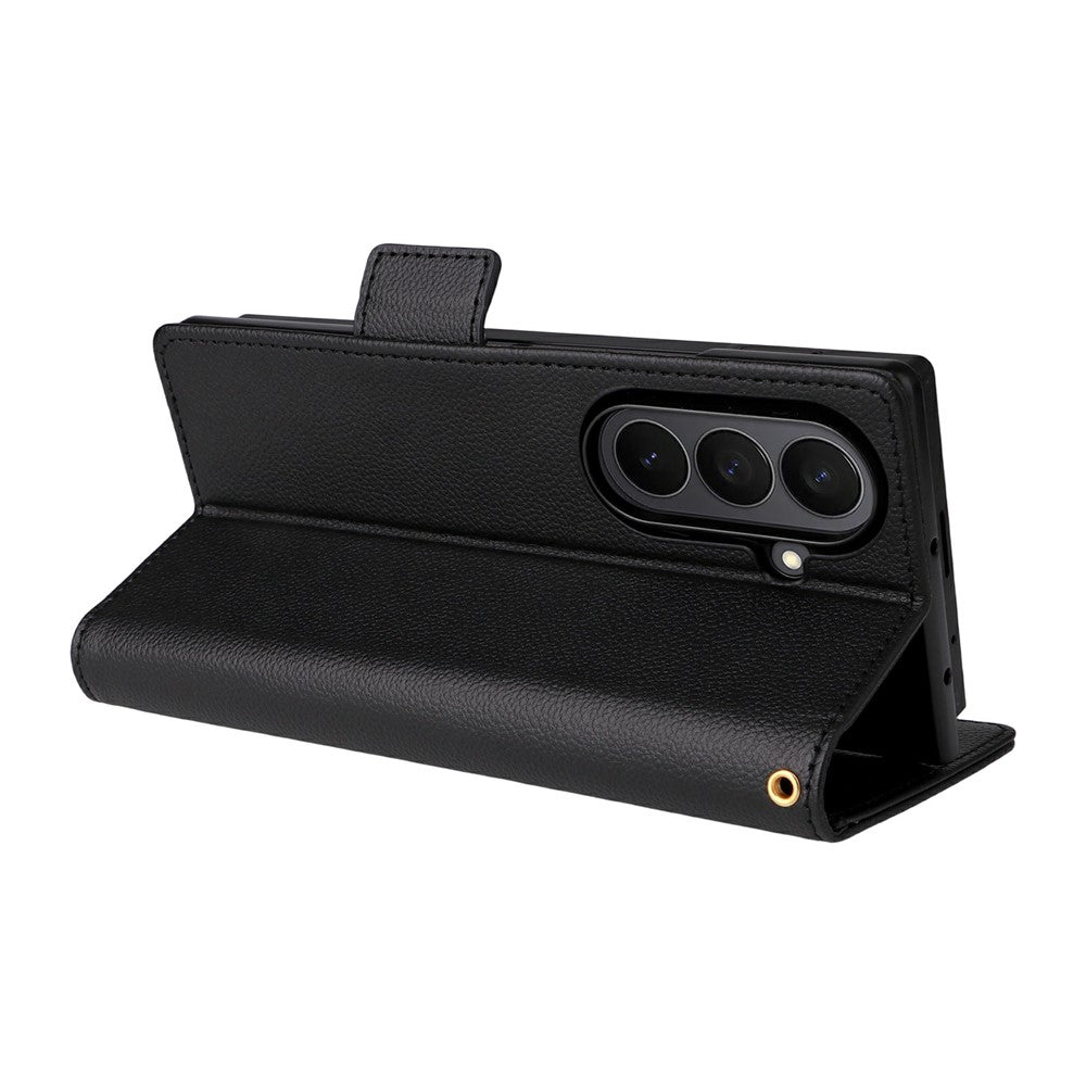 For Samsung Galaxy Z Fold7 5G Case with Wrist Strap Litchi Texture PU Leather Wallet Phone Cover - Black