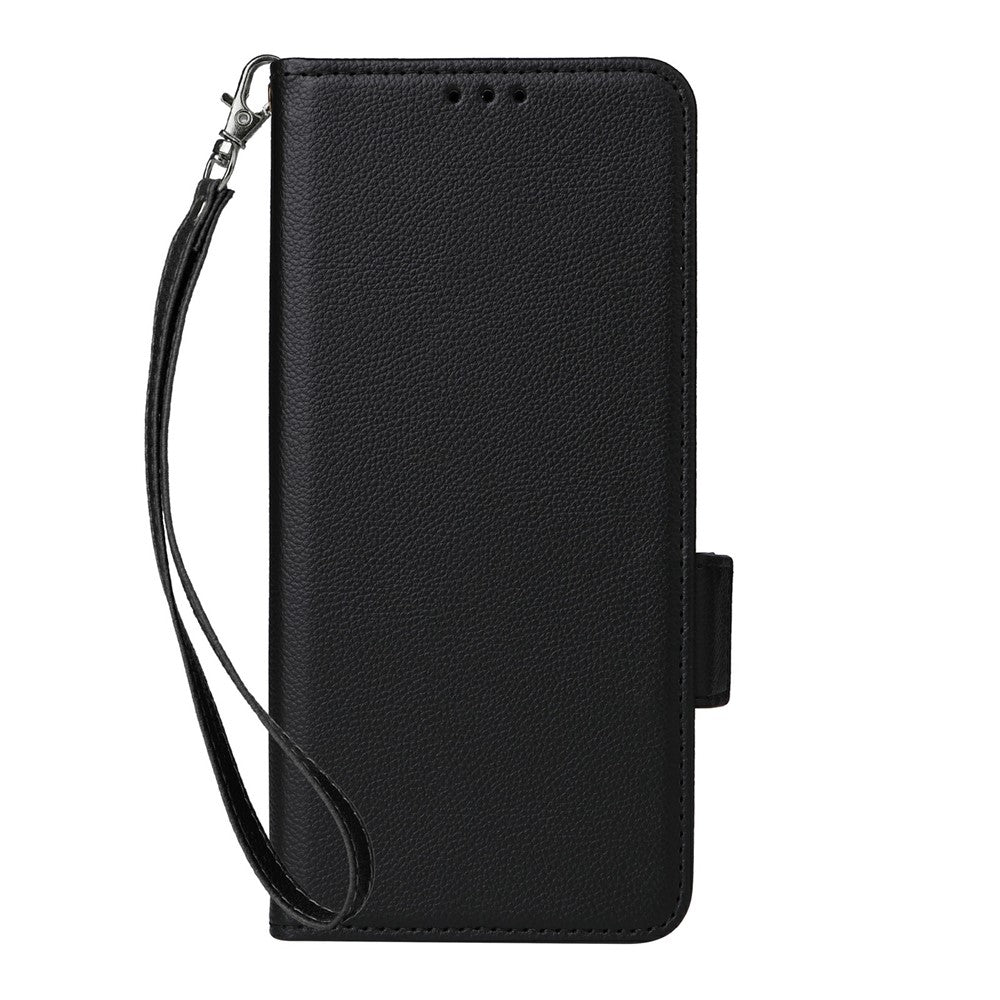 For Samsung Galaxy Z Fold7 5G Case with Wrist Strap Litchi Texture PU Leather Wallet Phone Cover - Black
